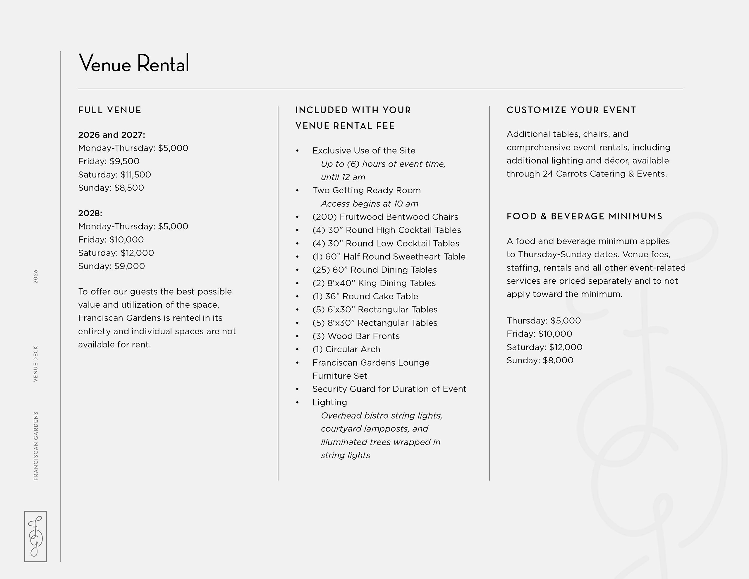 Venue rental information sheet with pricing, available days, amenities included such as tables, chairs, lounge furniture, and options for upgrading items. Food and beverage minimum details are also listed. Text is organized in columns.